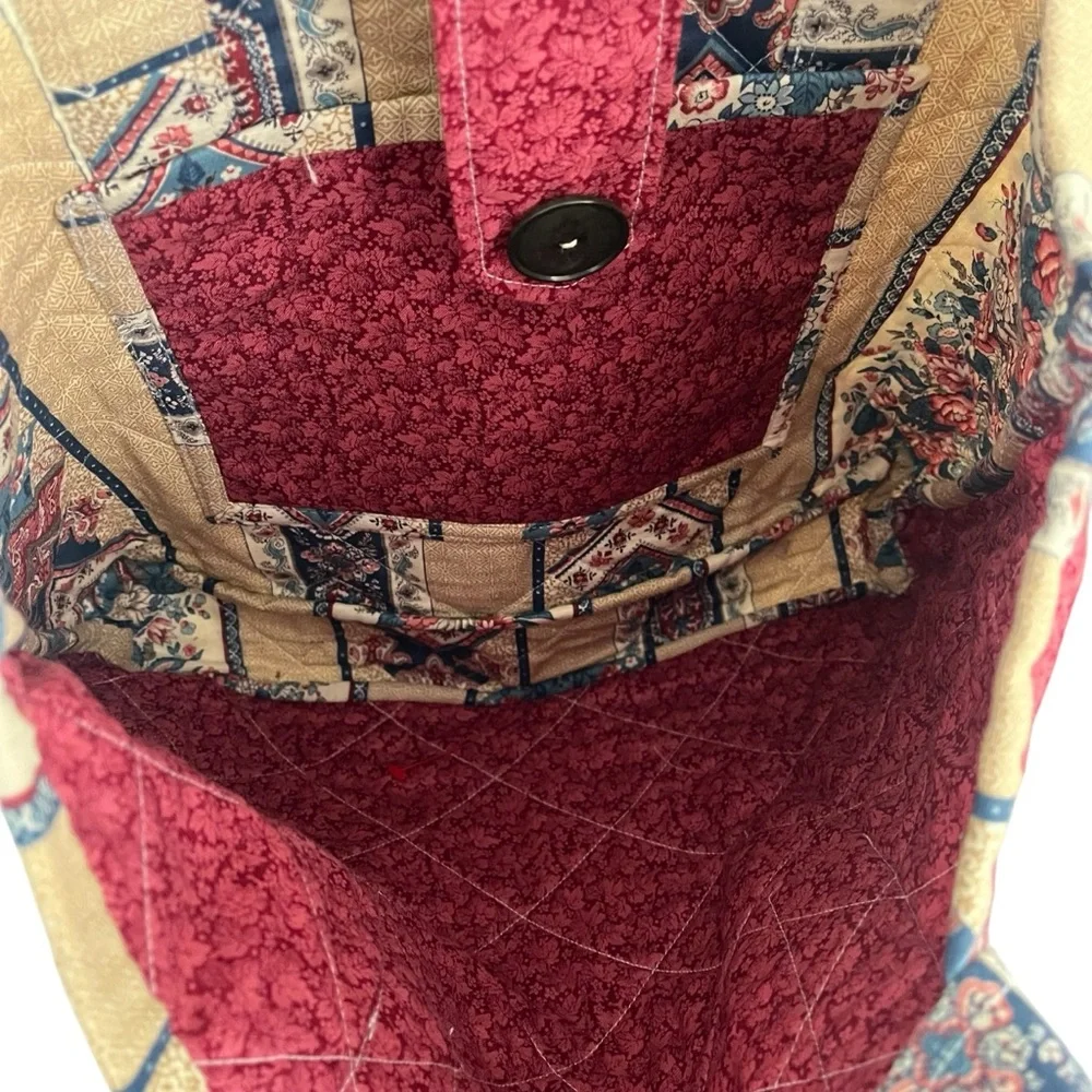 Vintage 90s handmade quilted floral stripe tote bag pink blue cream